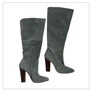 CYNTHIA ROWLEY DLUXE Women’s Knee High Suede Boots Gray 4” Stacked Brown Heel 8M
